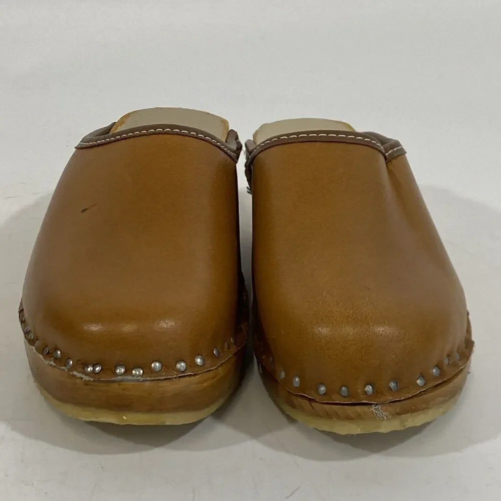 Vintage Girls Swedish Bastad-Toffeln Wood & Tan Leather Clogs Size 24 Us 8‎